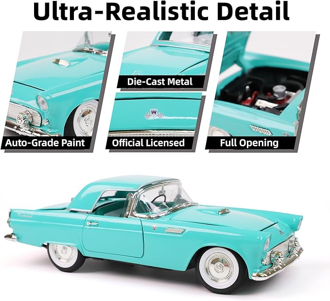1955 Ford Thunderbird 1/18 Scale Die-Cast Metal Model Premium Classic Vintage Alloy Cars with Display Case, with Opening Doors, Best Gift for Men, Dad & Kids 14+ Years (Blue)