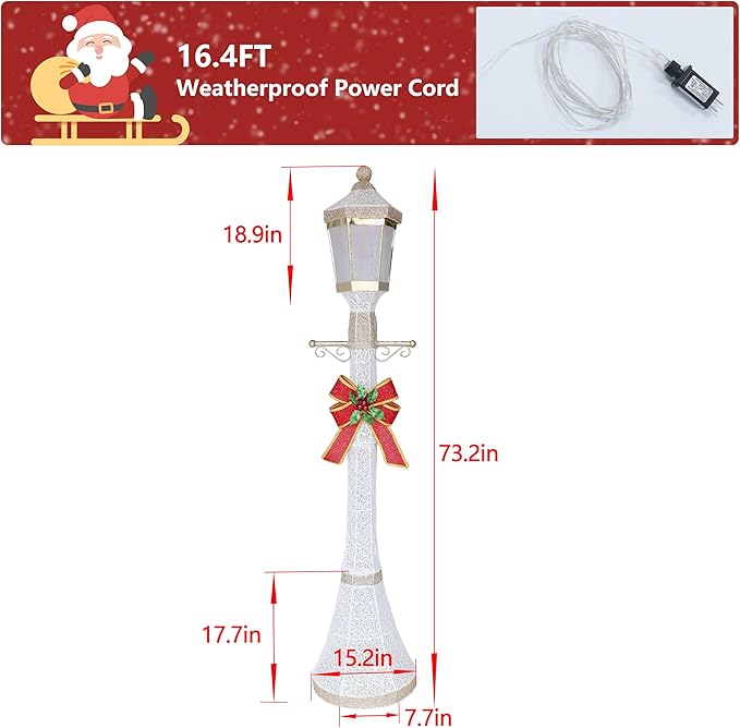 6FT Lighted Freestanding Lamp Post for Christmas Decoration, Pre-Lit Iridescent Post Lamp with 120 LED Lights & Removable Bow, Outdoor 3D Glittered Standing Festival Display, White