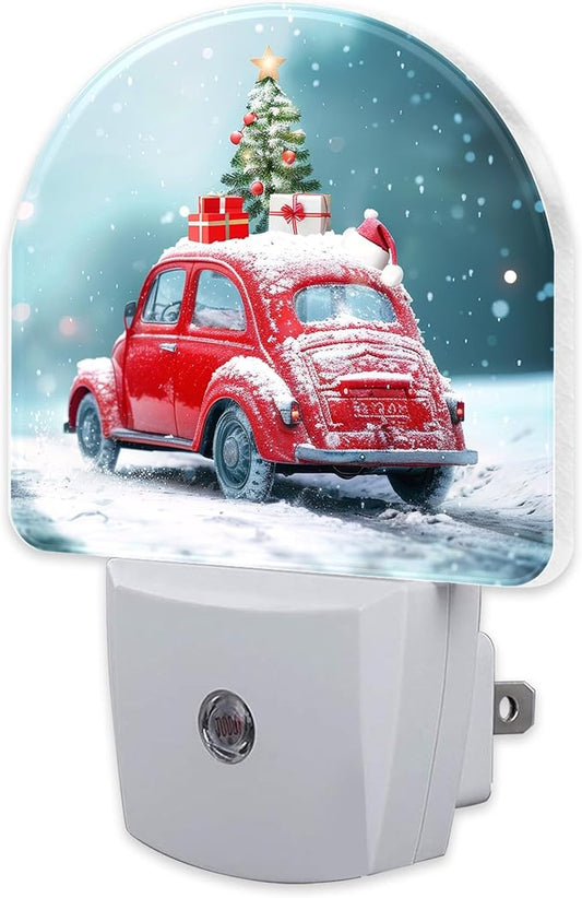 Vintage Christmas Red Car Night Light for Kids, Car Loaded with Gifts Christmas Tree Night Light Plug in with Dusk to Dawn Sensor,0.5w Energy Saving Nightlight for Boys Girls Home Decor