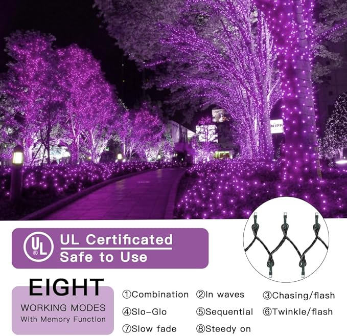 LetsFunny Purple String Lights, 300 LED Christmas Lights Outdoor with 8 Modes, 108FT - UL Certified Outdoor & Indoor Christmas Decorations Fairy Lights for Tree, Garden, Party, Wedding, Halloween