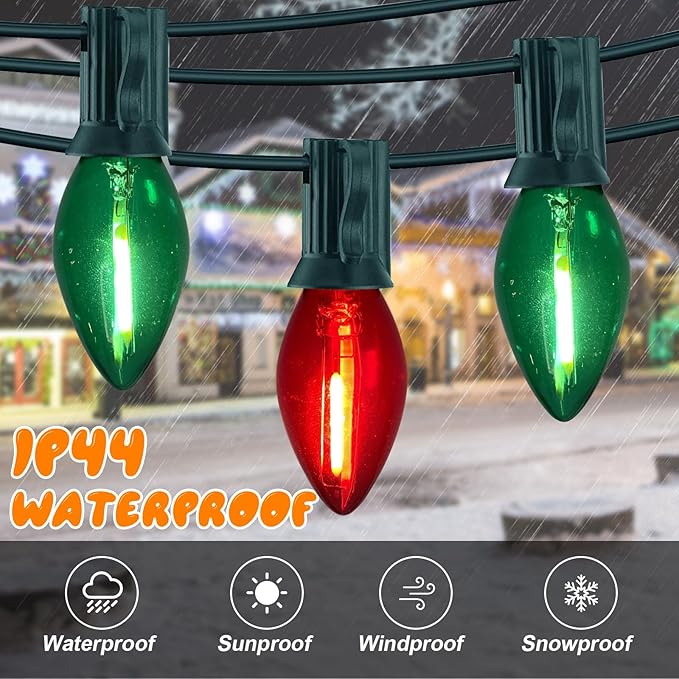 C7 LED Red and Green Christmas Lights 25Ft LED Outdoor String Lights with 27 Clear Red & Green Bulbs, Vintage Christmas Lights for Tree Carnival Patio Wedding Holiday Pathway Roofline Decor