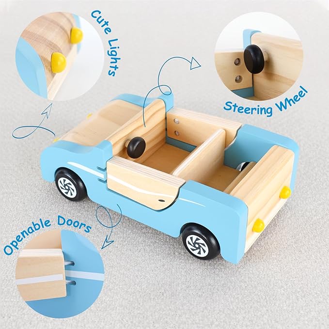 PairPear Wooden Family Car for Dolls,Wooden Toys Dollhouese Furniture Accessories Playset,Kids Pretend Preschool Play Vehicle Toys Gift for Toddler 3 Years and Up