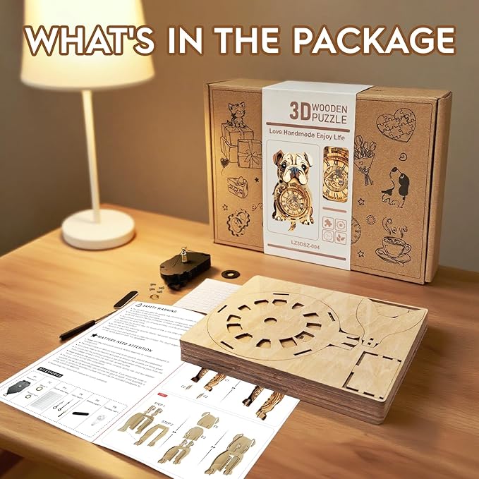 3D Puzzle for Adults Bulldog Clock - Mechanical DIY Wall Clock Kit Model Building Set Hobbies for Women Men Puzzle Home Decor & Stress Relief Craft Unique Gift for DIY Lovers