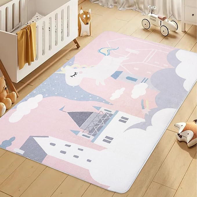 ABREEZE Kids Rug Play Mat Ultra Soft for Room, 4'x5.3' Non Slip Pink Unicorn Children Nursery Baby Area Rug Carpet for Bedroom Decor Playroom Living Room