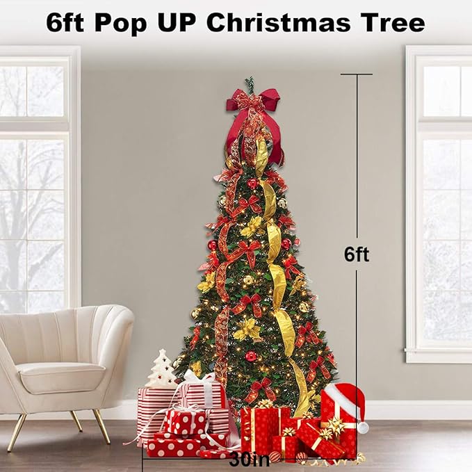 6FT Prelit Pull Up Artificial Christmas Tree with Lights, Decorations, Remote - Red, Gold Ornaments, Bows, Ribbons