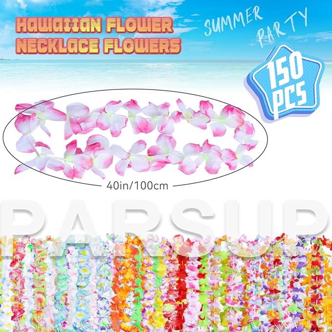 150 Pieces Hawaiian Leis Party Decorations, 50 Styles Flower Necklace Bulk for Tropical Theme Beach Supplies Night Bar Luau Aloha Beach Vacation