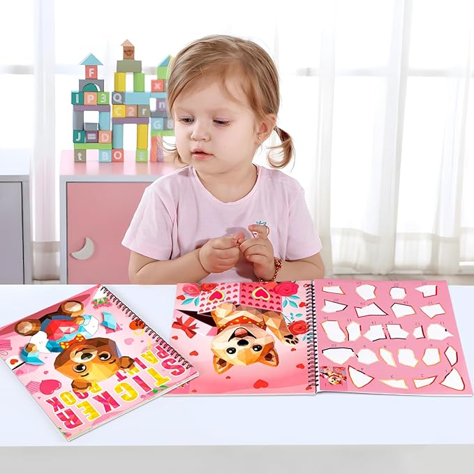 90shine 2PCS Valentines Crafts for Kids Sticker Books - Valentines Gifts Ages 4-8 Bear Dog Themed Design Create 22 Pictures