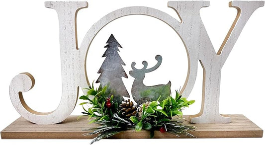 Christmas Table Decorations Joy Farmhouse Christmas Tree Elk Sign Wooden Winter Rustic Decor Vintage Holiday Block for Home Kitchen Xmas Party Mantel Tiered Tray Gift