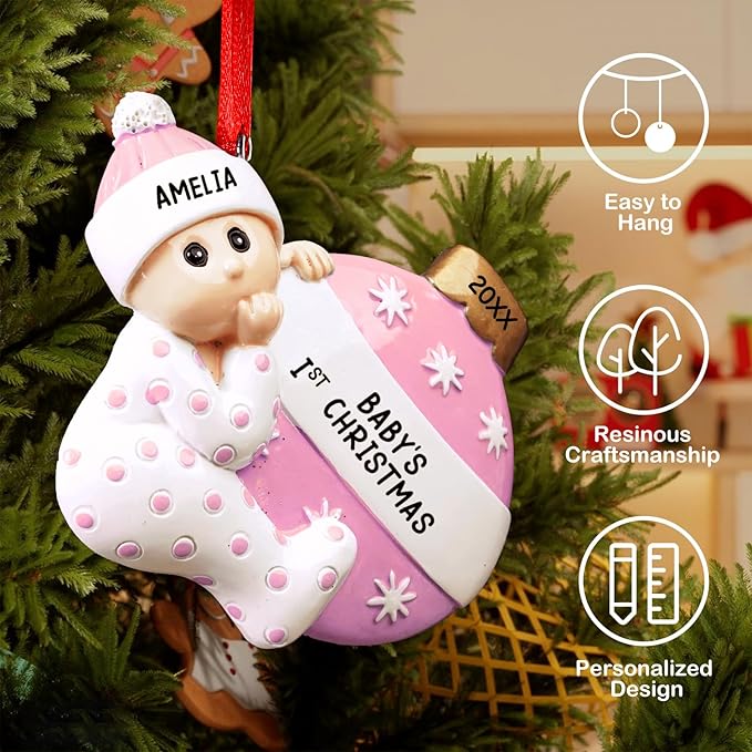 iDIY Personalized Babys First Christmas Ornaments 2025 - Custom Name Baby Ornaments for Christmas Tree - Xmas Gifts Ideal for Baby Grandkids Newborn - Girl or Boy - Pink