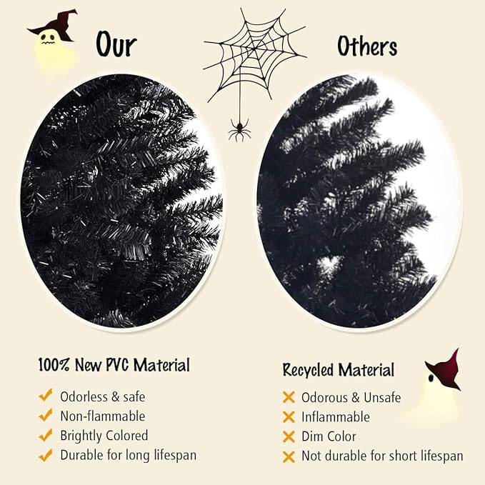 GOFLAME 7.5FT Artificial Halloween Christmas Tree, 1258 Branch Tips, PVC Needles, Xmas Hinged Pine Tree w/Solid Metal Legs, Unlit Halloween Christmas Tree for Indoor and Outdoor Decoration, Black
