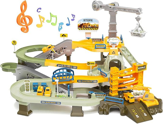 64PCS Engineering Adventure Track Set for Kids 3+ - Motorized Climbing Ladder, Rotating Crane, 4 Mini Cars, Interactive Construction Playset with Music - Safe Design, Ideal Gift