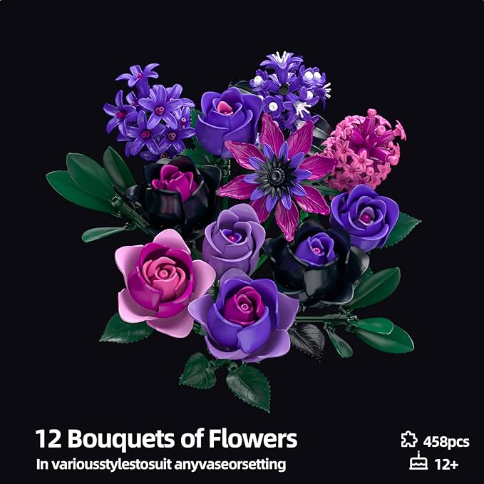 Purple Rose Bouquet Building Set - Compatible with Lego Flowers for Adults Women - Gothic Home Office Table Centerpiece Decor, Halloween Christmas Valentine's Gift