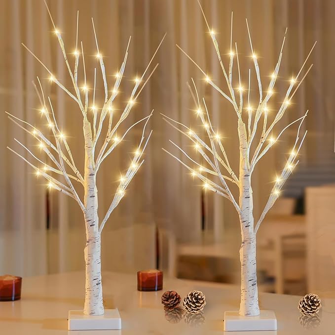 2-Pack 2FT Lighted Birch Tree with Timer for Christmas Decorations Indoor, Artificial Birch Tree with 48 LED Warm White Lights, Fairy Light Tabletop Centerpiece Tree for Christmas Winter Deocrations