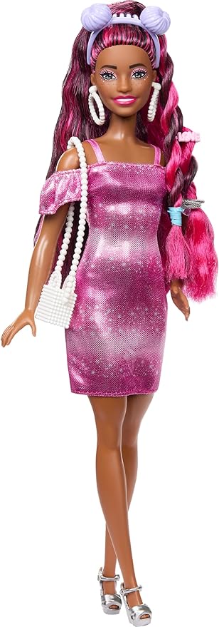 Barbie Doll, Fun & Fancy Hair with Extra-Long Colorful Black Hair and Shimmery Pink Dress, 10 Fashion Play Accessories