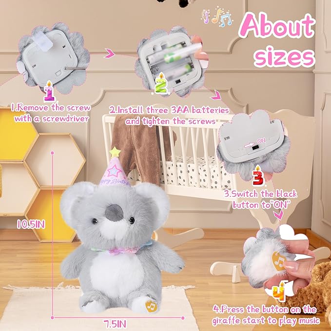Birthday Koala Plush Toy Clap Activated with Voice Recording Singing Dancing Interactive Stuffed Animal Gift for Toddler Kids Boys Girls