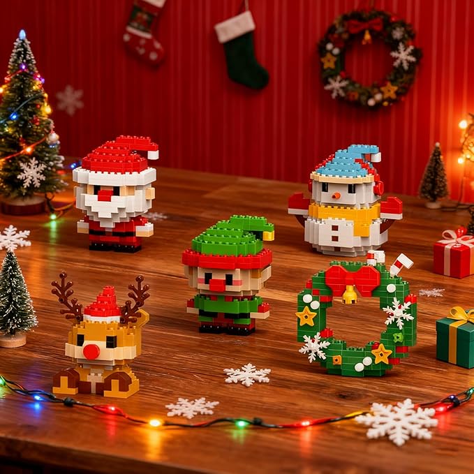 4 Pack Santa Claus Design Building Blocks Set, Christmas Theme Building Blocks Ornaments, Mini Building Figures, DIY Stocking Stuffers, Xmas New Year Birthday Gifts (Set A)