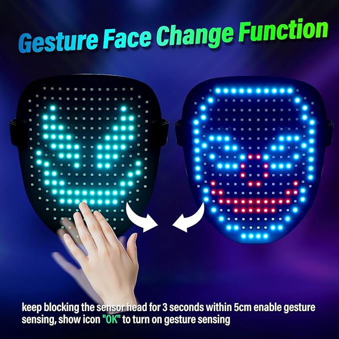 arscniek LED Face Mask with Gesture Control – Rechargeable Light Up Halloween Masks Costume for Adults & Kids, Glowing Transformable Cosplay Mask for Parties, Christmas, Concerts
