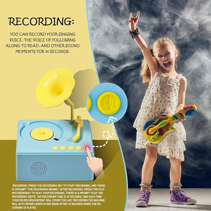 Kids Gramophone with 96 Learning Cards, Toddler Gramophone Music Toy, Kid Phonograph Toddler Record Player, Kid Gramophones, Children's Phonograph Story Music Player Gift Boys Girls (Blue)