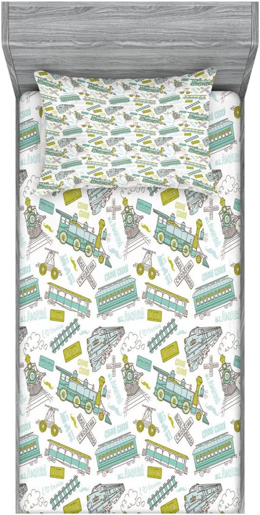 Ambesonne Pastel 2 Pack Fitted Sheet & Pillow Sham Set, Train Pattern Travel Theme, 4 Pcs Bedding Decor, Package Contains 2 Twin Size Fitted Sheets & 2 Pillow Covers, Apple Green Turquoise