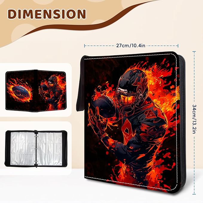 900 Pocket Football Card Binder, Trading Card Storage Album with 50 Durable 9-Pocket Pages, Football Design on Pocket Card Packs, Christmas Birthday Gifts for Zipper Closure Collector's Album