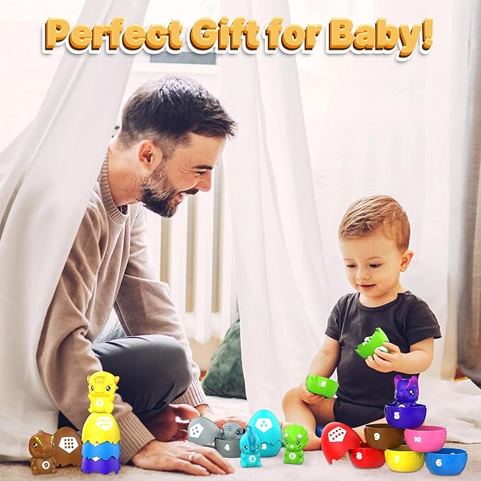 Dinosaur Baby Learning Toys for Toddlers 1-3, 20Pcs Dino Matching Egg Toys, Montessori Counting, Stacking & Sorting Fine Motor Games, Christmas Birthday Gift for Kids Boys Girls Age 12-18 Months