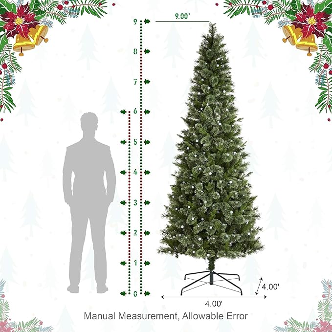 Glitzhome Prelit Christmas Tree, 9ft Artificial Christmas Tree Green Charming Cashmere Slim Pine with 450 Warm White and Multi-Color Globe LED Lights, 9 Function w/Foot Pedal and Remote Control