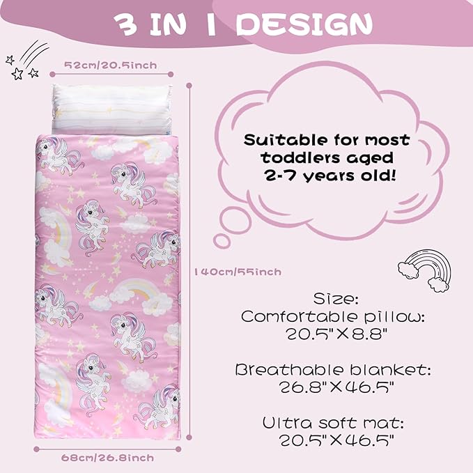 Toddlers Nap Mat with Removable Pillow and Soft Blanket, Lightweight Daycare Preschool Kindergarten Sleeping Bag, Travel Slumber for Kids Girls Boys