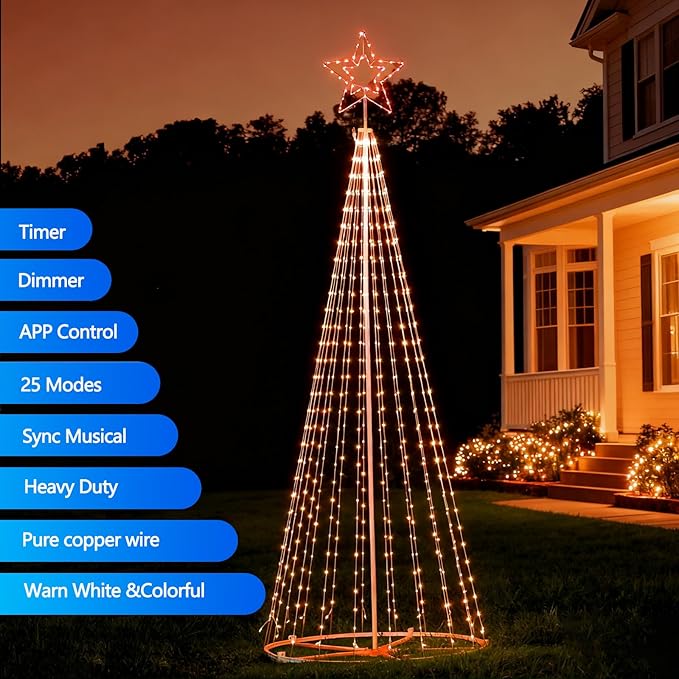 12FT Lighted Outdoor Christmas Tree 650LED Smart Music Sync RGB Fairy LightsShow APP and Remote Control for Outdoor Porch Yard Patio, Arbol de Navidad