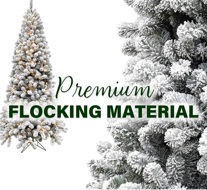 Fraser Hill Farm 10-Ft. Alaskan Pine Flocked Artificial Christmas Tree with Stand, Unlit Foldable Fake Tree with Realistic Snowy Foliage for Home Decoration
