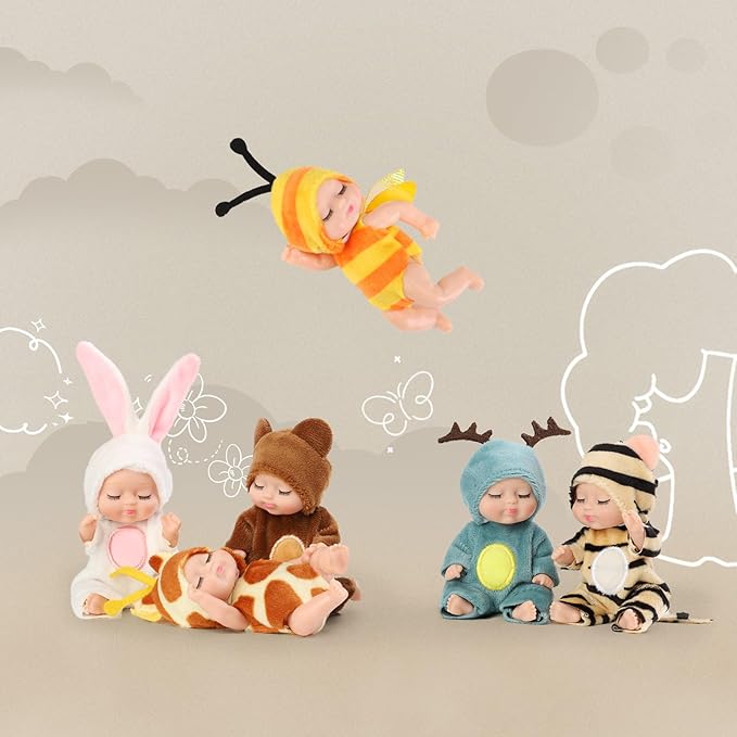 4 Inch Mini Baby Dolls 6pcs Set Realistic Reborn Baby Dolls Cute Small Baby Doll with Animal Clothes Suitable for Baby Gifts for Boys and Girls Over 3 Years Old Birthday Gift
