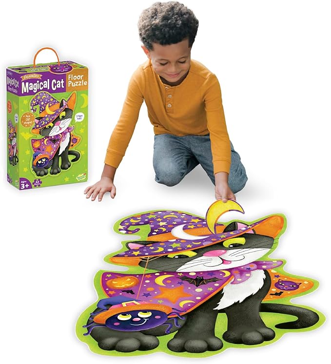 Peaceable Kingdom Shimmery Magical Cat Floor Puzzle, Giant Halloween Puzzle for Kids Ages 3 & up, Fun-Shaped Puzzle Pieces, Great for Classrooms