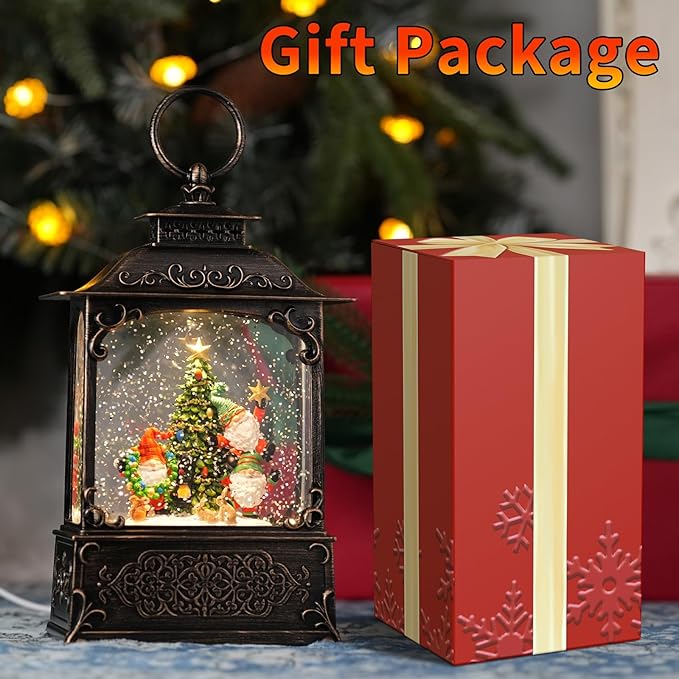 Christmas Snow Globes with Gnomes, Light Up Snow Globe with Music Timer - USB Plug or Battery Operated Glitter Globe Indoor Christmas Decorations