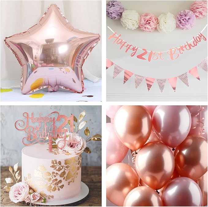 21st Birthday Decorations for Her, Retro Pink Nude Number 21 Balloon Set Happy 21st Birthday Banner Cake Topper Dusty Pink Beige Rosegold Star Balloons for Women 21 Year Old Bday Party Decor
