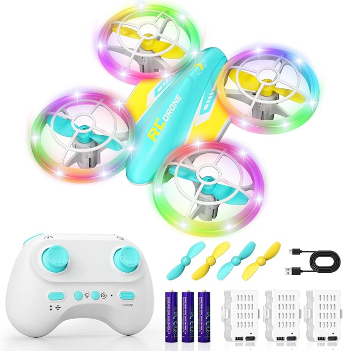 LED RC Drone for Kids 6+, Christmas Birthday Gift for Boys & Girls with Remote Batteries, 360° Flips, 3 Speed Modes, 45 Min Flight Indoor and Outdoor Flying Toy - Blue Yellow