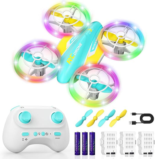 LED RC Drone for Kids 6+, Christmas Birthday Gift for Boys & Girls with Remote Batteries, 360° Flips, 3 Speed Modes, 45 Min Flight Indoor and Outdoor Flying Toy - Blue Yellow