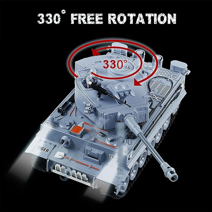 Dollox 1/18 Remote Control Tank 2.4Ghz, RC Military Toys German Tiger Army Battle Tank Vehicles with Smoke Launch Bullets, Rotating Turret, Light, Sound, Waterbomb RC Car Truck Toy for Kids Boys Girl