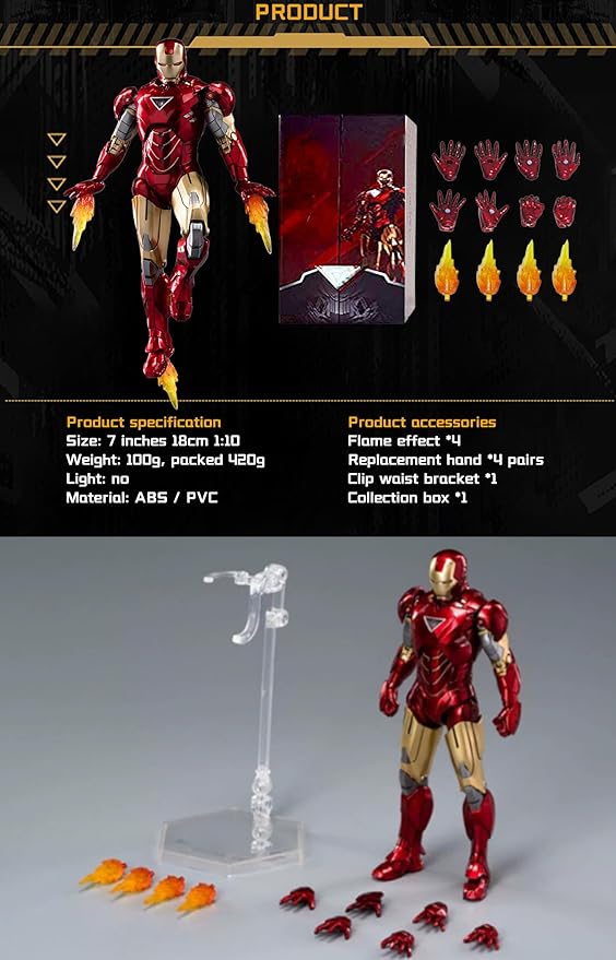 OVONNI 7 Inch MK6Ironman(1/10 Scale) Action Figure,Exquisite Painting Collectible Figure with Lots of Accessories