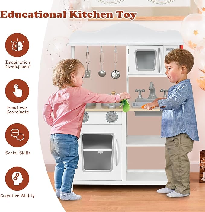 Costzon Kids Kitchen Playset, Wooden Pretend Toy Kitchen Set with Sink, Oven, Microwave, Stove, Pots, Utensils, Play Kitchen for Kids Toddlers, Gift for Boys Girls