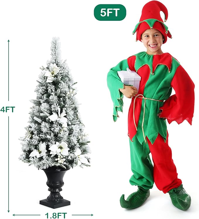 Goplus 4ft Flocked White Christmas Tree for Entrances, Pre-lit Artificial Xmas Tree w/Warm White LED Lights, Flowers & White Berries in Black Urn Base, Porch Festival Holiday Decoration