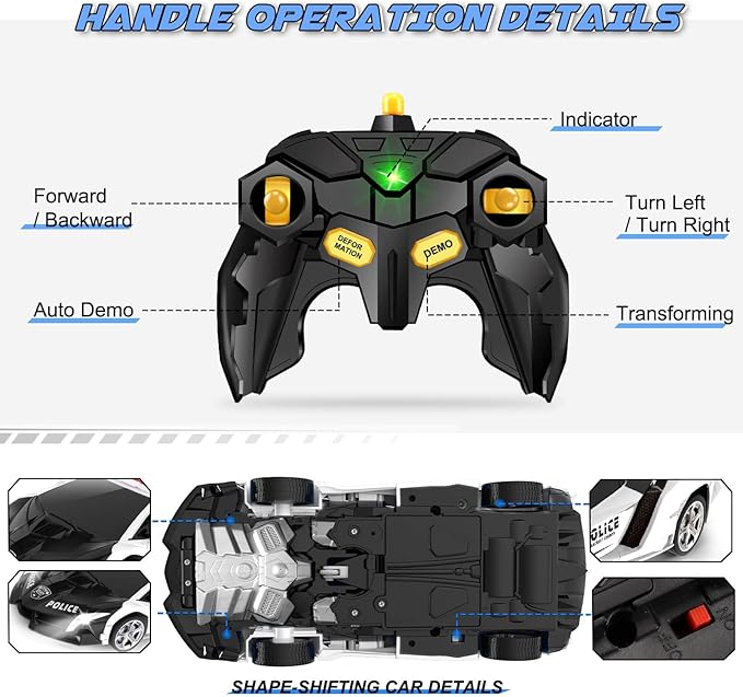 Transform Remote Control Car - Rc Cars, One-Button Transforming, 360° Rotation Drifting, 2.4ghz 1:18 Scale, Gift Kids Aged 4-6 Year Old Boys/Girls, Police Car Black
