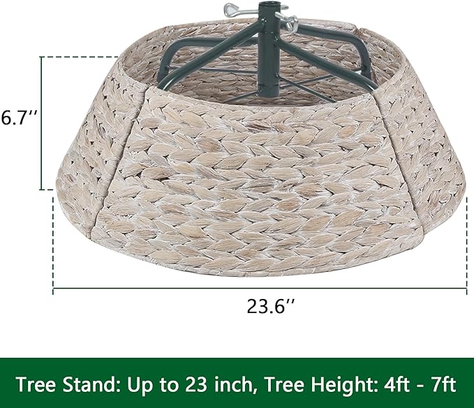 Christmas Tree Collar 24'' D Handmade Hyacinth Tree Collar Basket Rattan Wicker Christmas Woven Tree Ring Stand Base Cover for Christmas Holiday Decoration-White Washed