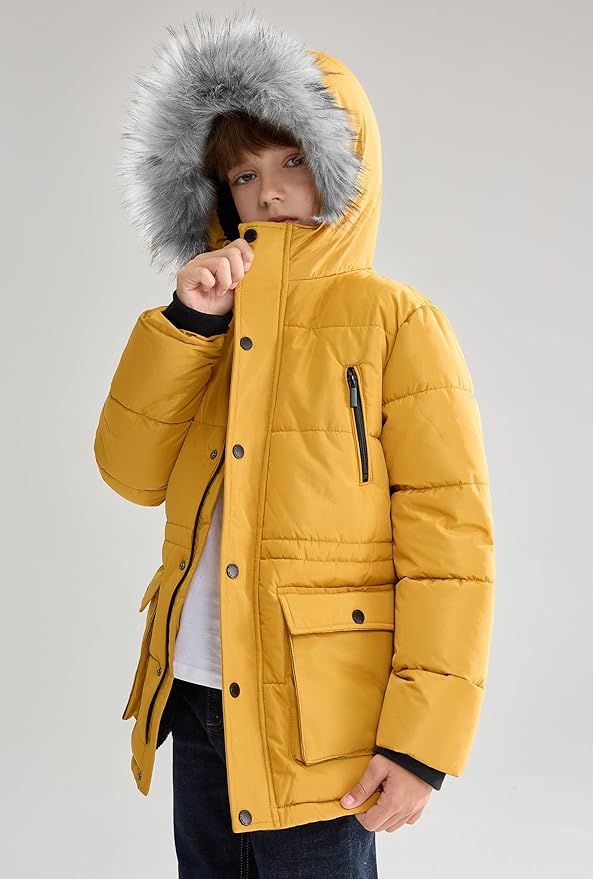 maoo garden Boys Puffer Winter Coat Big Kids Heavyweight Sherpa Lined Fur Hooded Jacket Water-Resistant Snow Parka