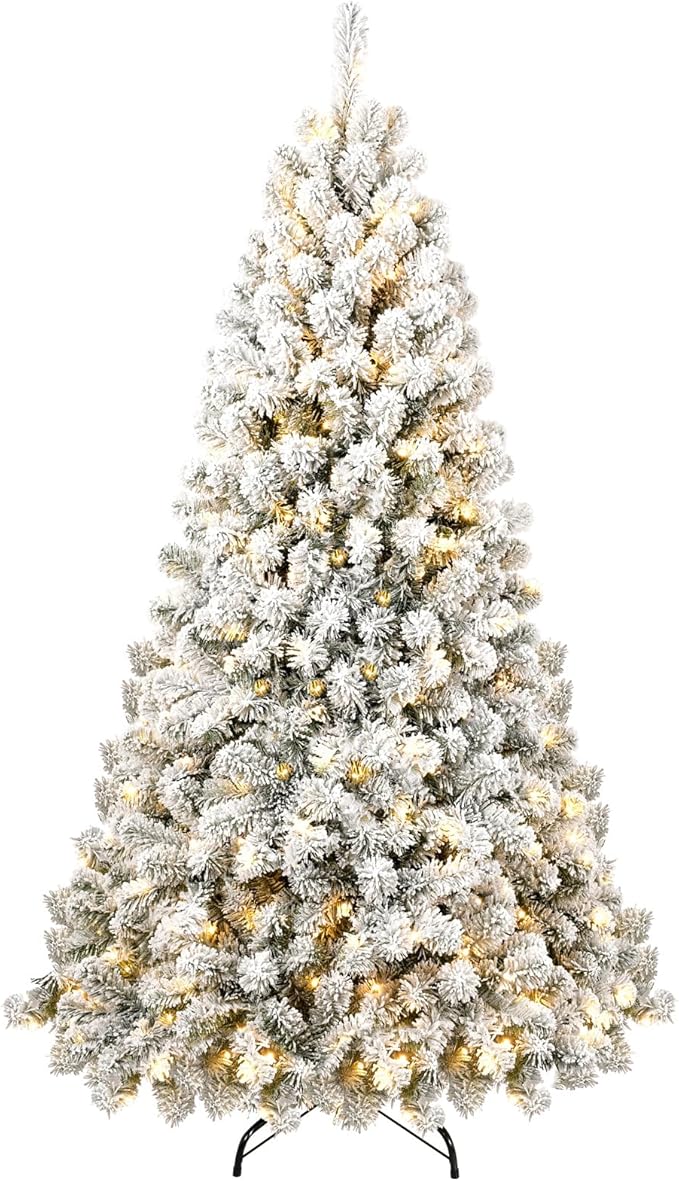 Kadunmina 9ft Pre-lit Artificial Christmas Tree, Hinged Snow Flocked Xmas Trees with 650 Incandescent Warm White Lights, 1930 Branch Tips and Metal Stand for Home, Office, Holiday Decor,Green & White