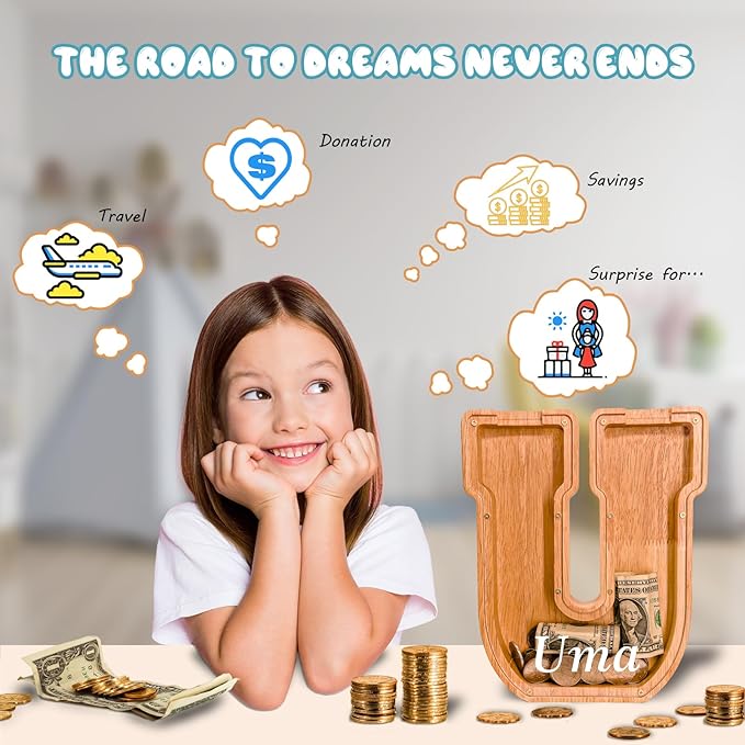 Personalized Wooden Letter Piggy Bank for Kids Larger Letter Piggy Bank for Boys and Girls Initial Coin Bank Customized Piggy Bank Perfect Wood Kids Money Bank for Birthday and Festival