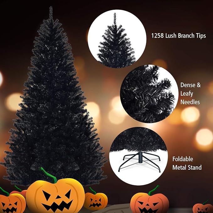 GOFLAME 7.5FT Artificial Halloween Christmas Tree, 1258 Branch Tips, PVC Needles, Xmas Hinged Pine Tree w/Solid Metal Legs, Unlit Halloween Christmas Tree for Indoor and Outdoor Decoration, Black