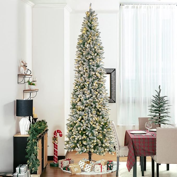Glitzhome 11ft Artificial Christmas Tree, Prelit Christmas Tree with 950 Warm White Lights, Flocked Pencil Tree w/2836 Branch Tips, Metal Hinged & Foldable Metal Stand for Holiday Decorations