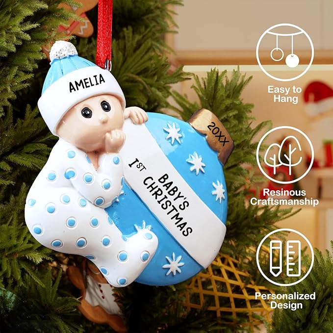 iDIY Personalized Babys First Christmas Ornaments 2025 - Custom Name Baby Ornaments for Christmas Tree - Xmas Gifts Ideal for Baby Grandkids Newborn - Girl or Boy - Blue