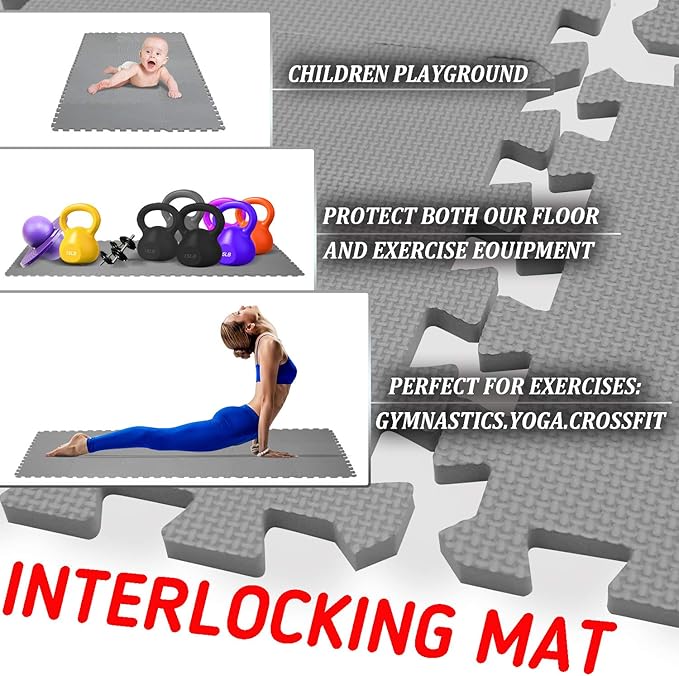 meiqicool Foam Play Mat Thick Soft EVA Interlocking Foam Floor Mats Children Yoga Exercise Multi Jigsaw Puzzle Blocking Board Kids Playmats Play Grey 18 Piece L
