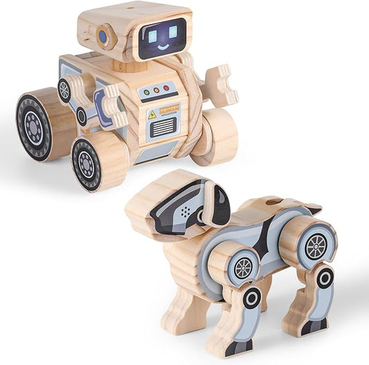 SainSmart Jr. 2-in-1 STEM Kits, Wooden Robot Assembly Toy Set, Woodworking Crafts Projects for Kids, Gift for Boys and Girls