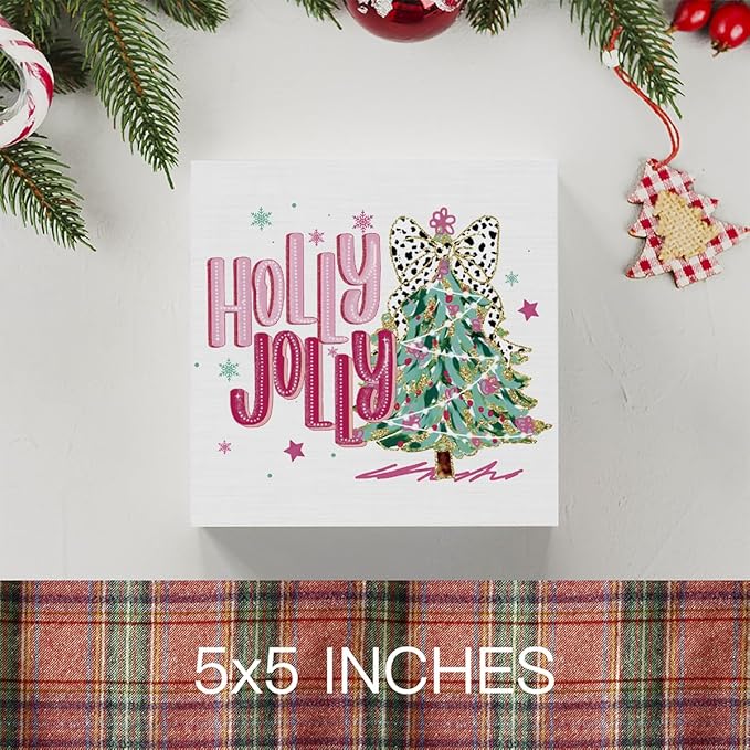 Pink Merry Christmas Wall House Decor Holly Jolly Christmas Tree Coquette Sign, Office Home Decor for Desk Table Shelf 5 X 5 inch